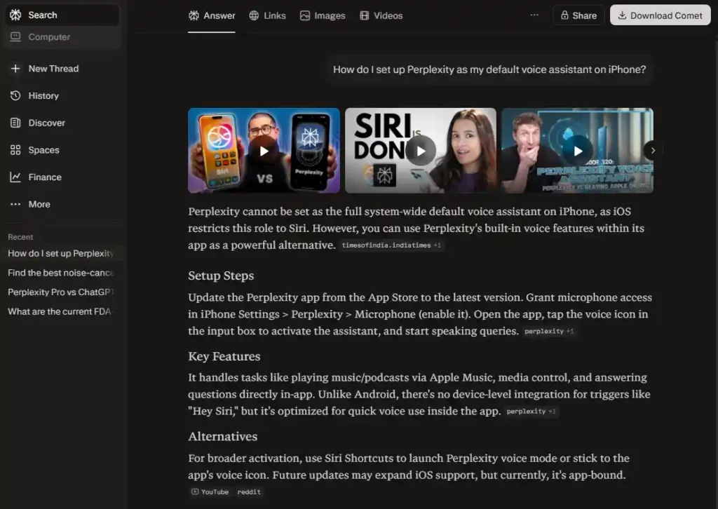 Prompt: How do I set up Perplexity as my default voice assistant on iPhone?