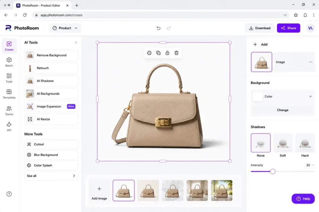 PhotoRoom product editor showing a handbag product cutout with background removal AI shadows and batch editing thumbnails