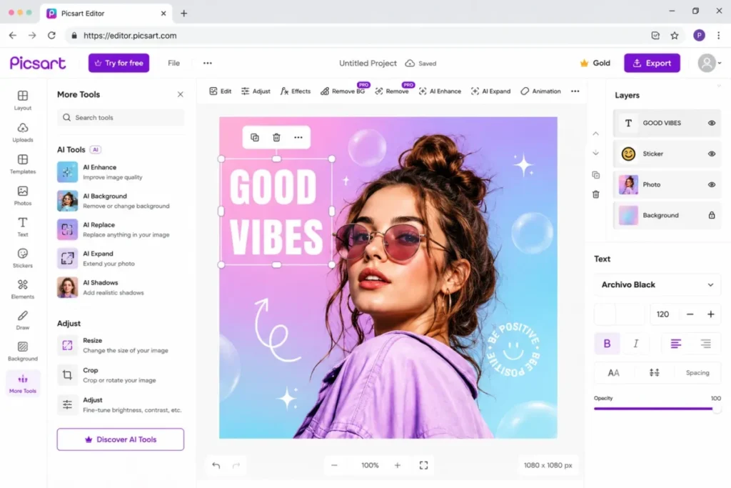 Picsart web editor showing a selfie design with AI Enhance Remove Background AI Replace stickers and layers panel