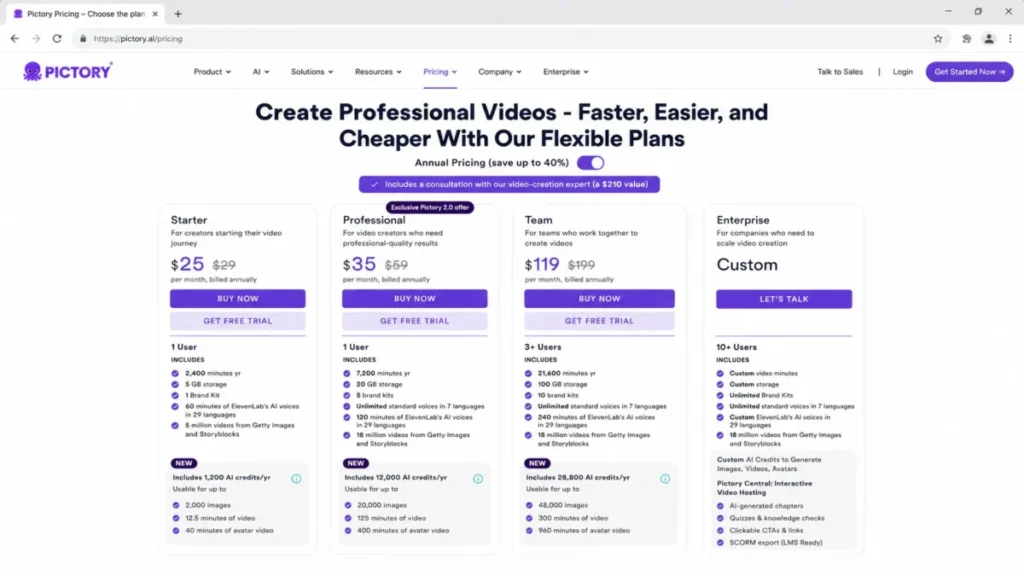 Pictory pricing page showing Starter, Professional, and Team plans with yearly billing and annual video-minute allowances.