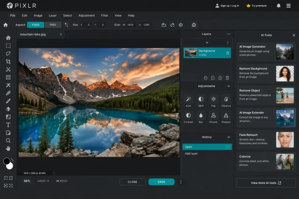Pixlr E dark browser editor showing a photo canvas with left toolbar right layers panel and AI tools menu