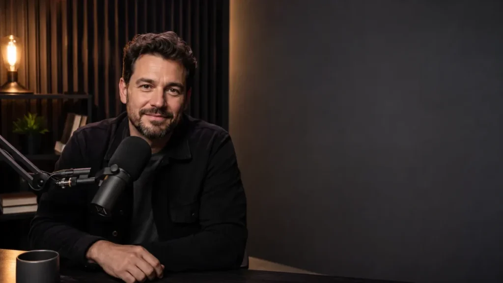 Podcast host seated beside a professional microphone in a warm studio with empty title space on the right.