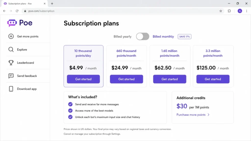 Poe subscription plans page showing compute-point tiers, $4.99/month entry pricing, and additional credits.