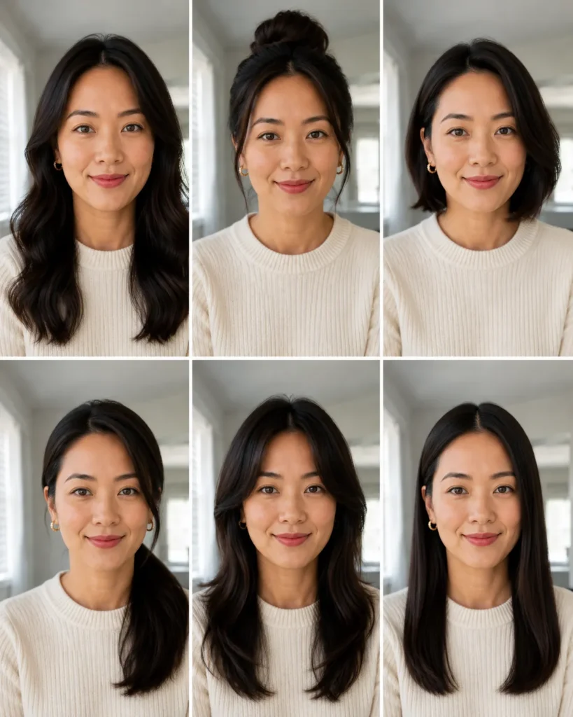 Six-panel portrait comparison showing the same woman with different hairstyles, including loose waves, a high bun, a bob, a side ponytail, layered bangs, and straight hair.