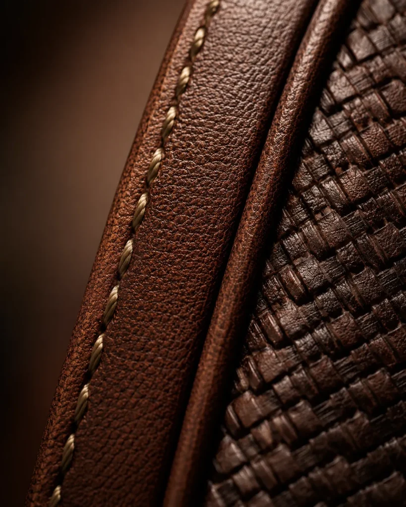 Extreme macro close-up of brown leather craftsmanship showing fine stitching, grain texture, and a woven surface pattern under controlled side lighting.
