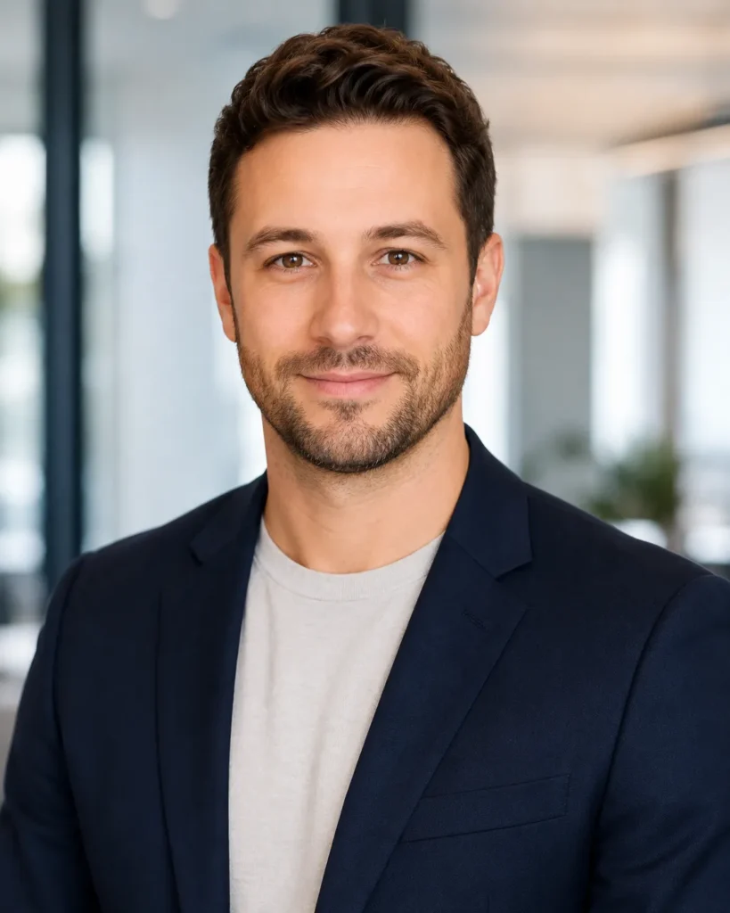 Professional corporate headshot of a man wearing a navy blazer in a softly blurred modern office.