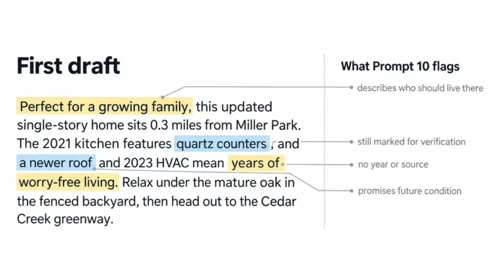 ChatGPT prompts for real estate agents example showing how Prompt 10 flags risky phrases in a first draft