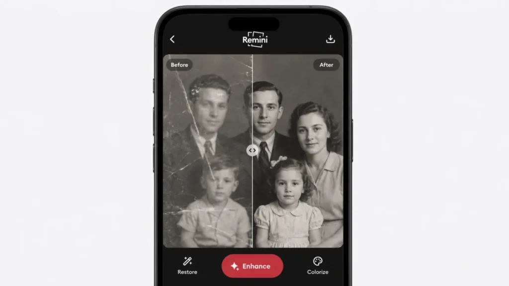 Remini mobile app showing a before and after restoration of an old damaged black and white family photo