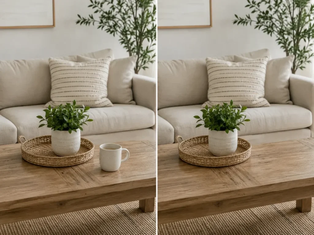 Before-and-after living room photo showing a coffee mug removed from a wooden tabletop while the rest of the scene remains unchanged.