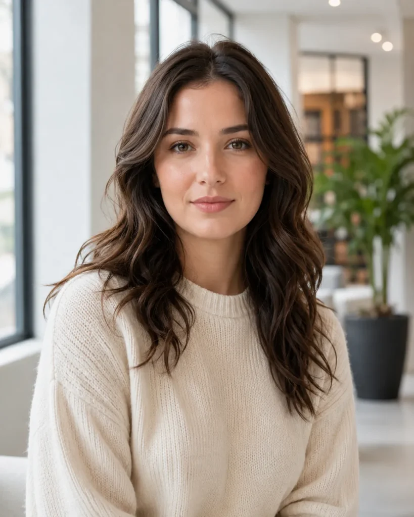 Portrait of a woman in a cream sweater placed naturally in a bright modern interior with matched lighting, depth of field, and clean hair edges.