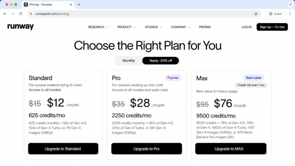 Runway pricing page showing Standard, Pro, and Max plans with yearly prices and monthly credit allowances of 625, 2,250, and 9,500 credits.