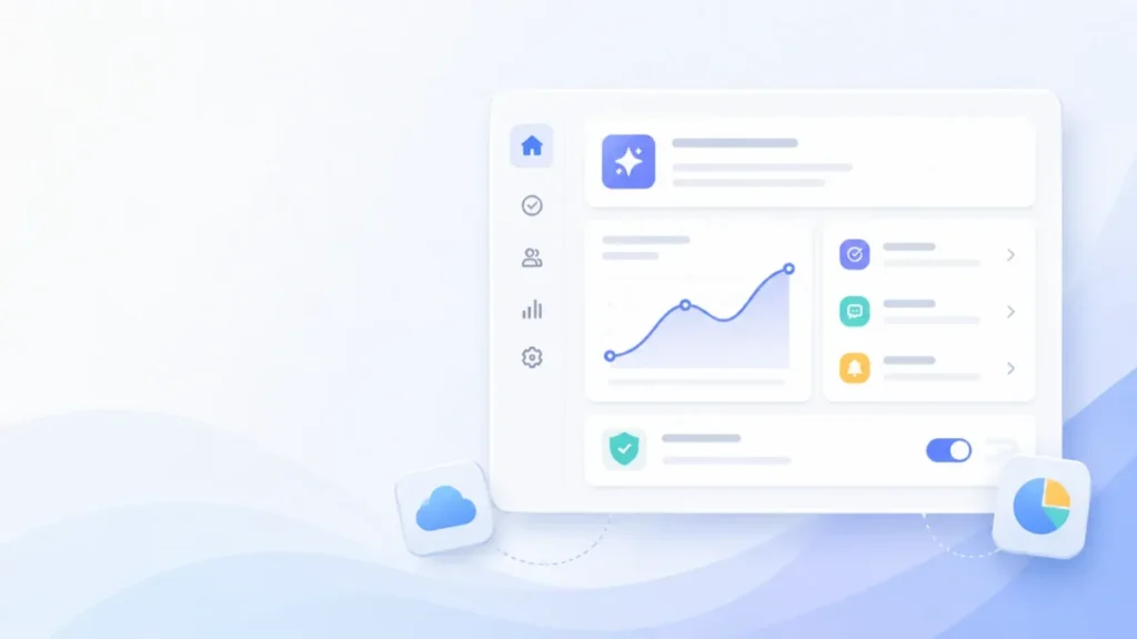 Clean SaaS feature announcement graphic showing a simplified dashboard interface with a line chart, activity cards, settings toggle, and supporting cloud and analytics icons.