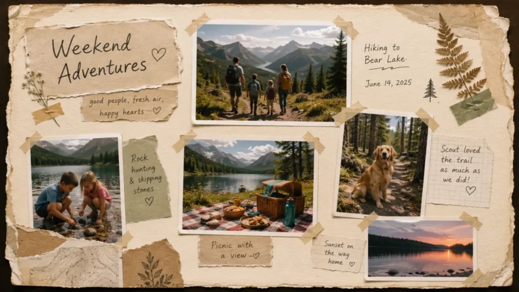 Cream paper scrapbook layout featuring family adventure photos, torn paper edges, corner tape, and handwritten captions.