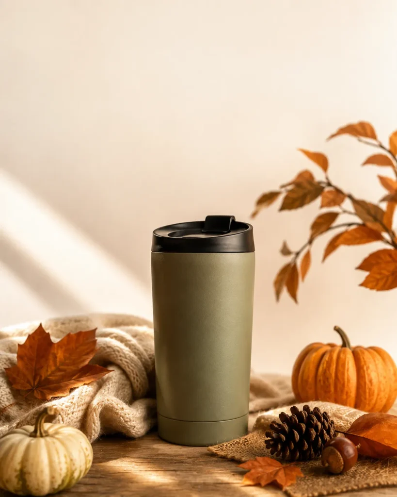 Sage-green travel tumbler surrounded by autumn leaves, pumpkins, a pinecone, and a cream knit blanket in warm natural light.
