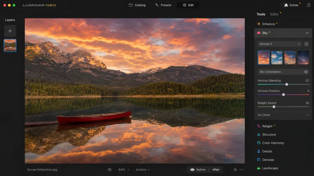 Skylum Luminar Neo Edit view showing Sky AI applied to a landscape photo with dramatic sunset sky replacement
