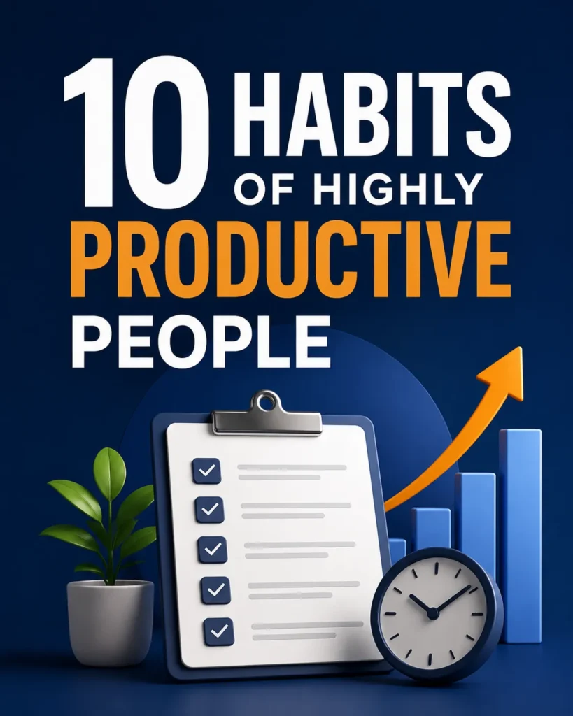 Social carousel cover reading 10 Habits of Highly Productive People, with a tick list, clock, rising bar graphic, and upward arrow on a dark blue background.