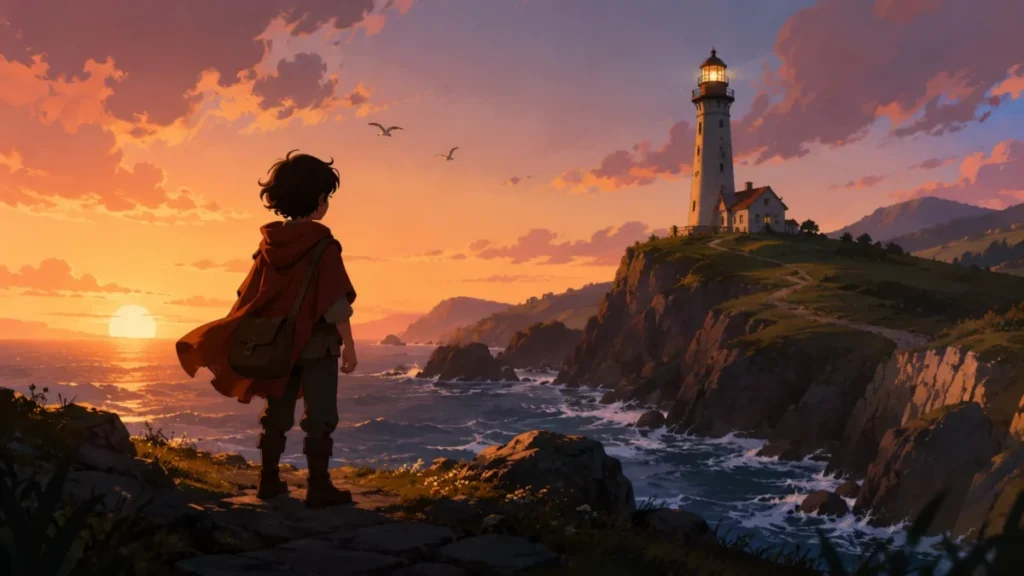 Cinematic storyboard keyframe showing a young traveler in a red cloak overlooking a rocky coastline and distant lighthouse at sunset.