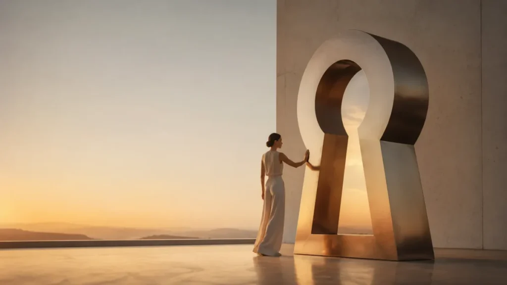 Woman touching a giant metallic keyhole sculpture in a cinematic architectural space at sunset.