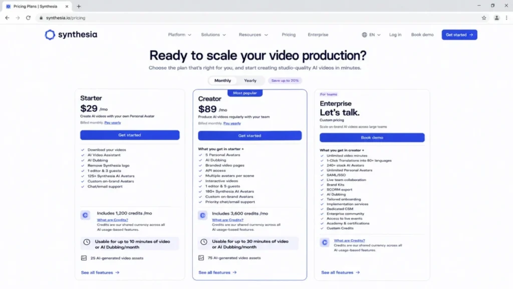 Synthesia pricing page showing Basic, Starter, Creator, and Enterprise plans with video-minute allowances and annual pricing.