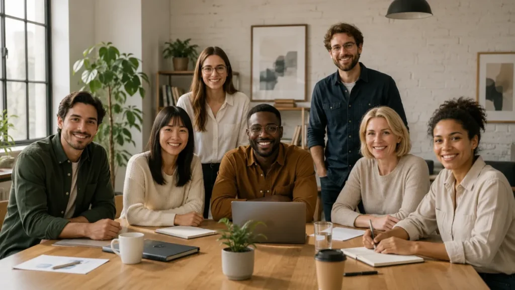 Group portrait of seven colleagues gathered around a wooden meeting tabletop in a bright modern office with laptops, notebooks, plants, and natural window light.