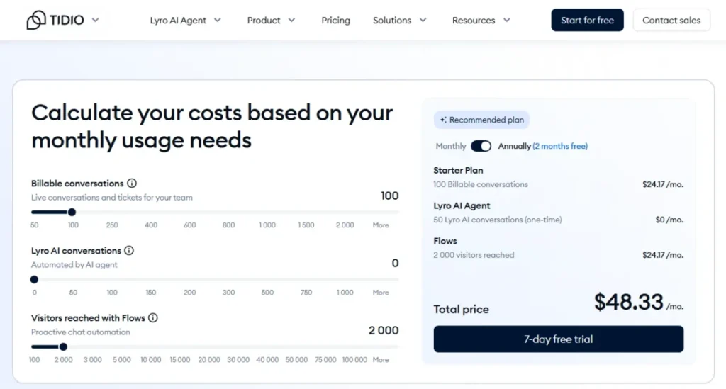 Tidio pricing calculator showing billable conversations, Lyro AI conversations, Flows usage, and total monthly price.