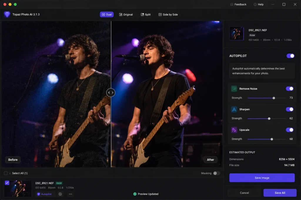 Topaz Photo AI Autopilot before and after preview showing Remove Noise Sharpen and Upscale controls on a low-light concert photo