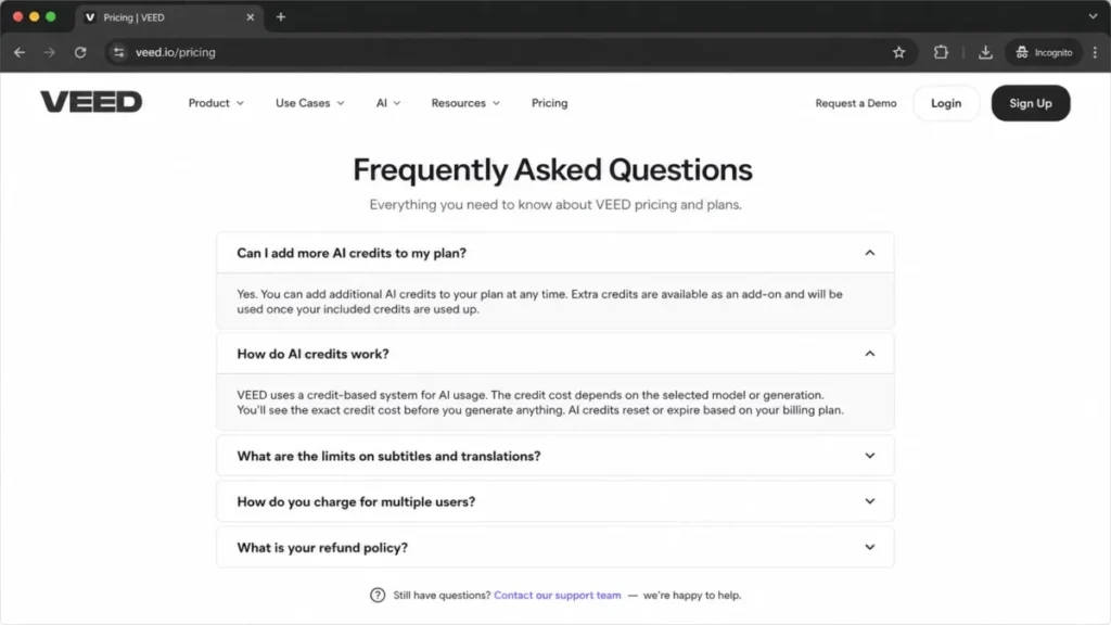 VEED pricing FAQ showing how AI credits work, subtitle and translation limits, and the option to purchase additional AI credits.