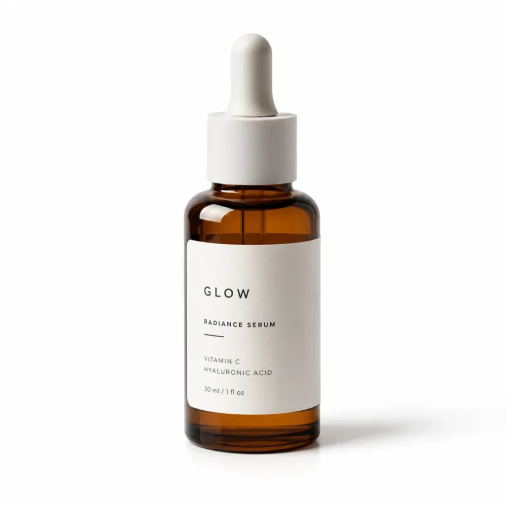 Amber glass serum bottle with a white dropper cap photographed on a continuous white background with soft studio lighting and a natural contact shadow.
