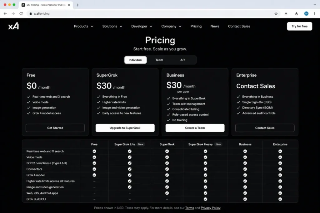 xAI pricing page showing Free, SuperGrok, Business, and Enterprise Grok plans.