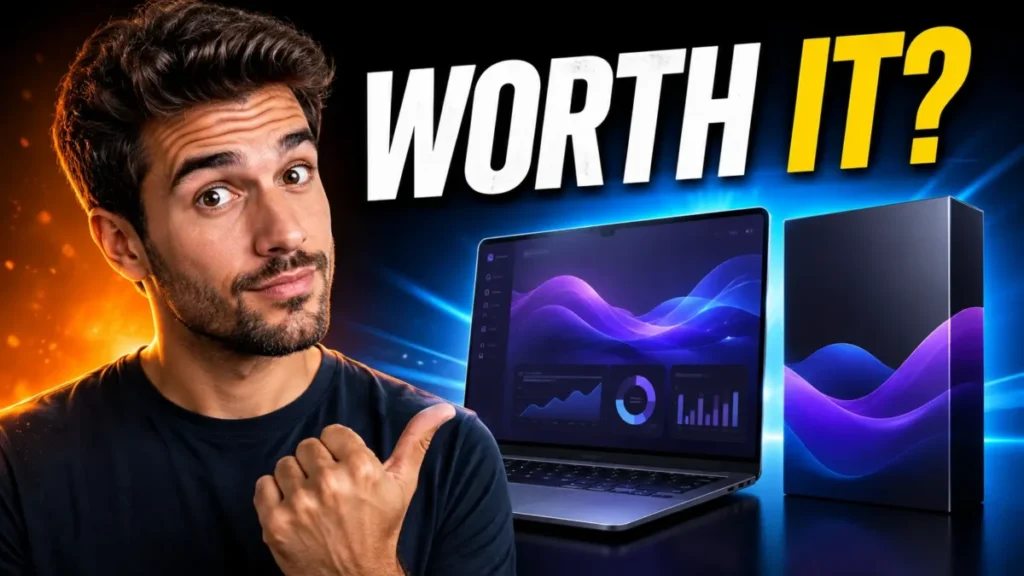 High-contrast YouTube thumbnail showing a male host pointing toward a laptop and product box, with the bold headline Worth It on a blue-and-orange background.