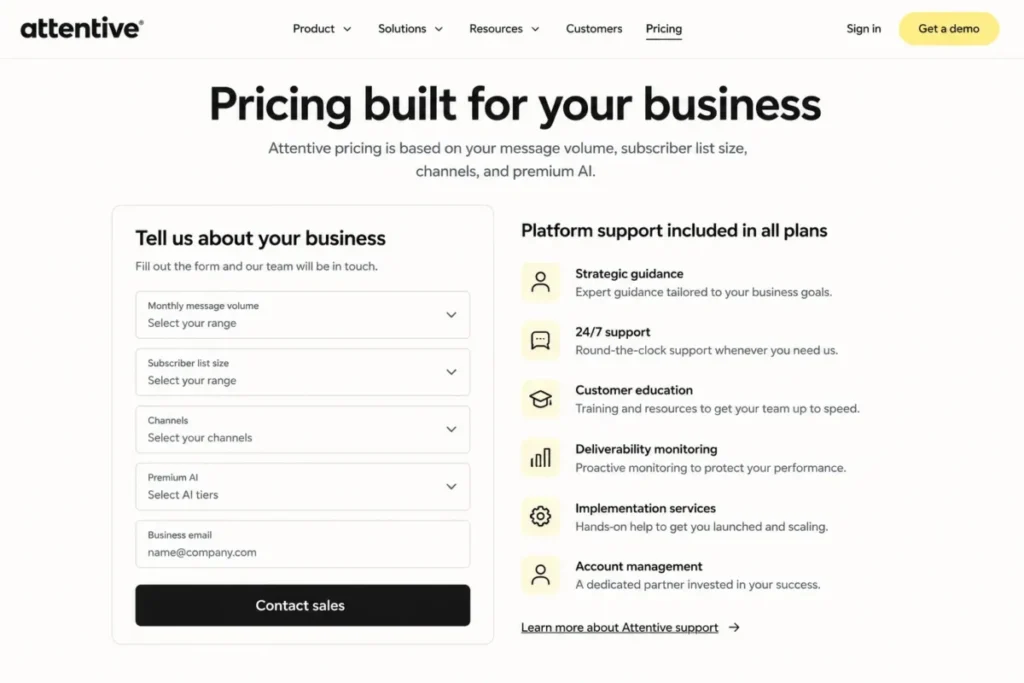 Attentive pricing page showing custom quote inputs for message volume, subscriber list size, channels, and premium AI.