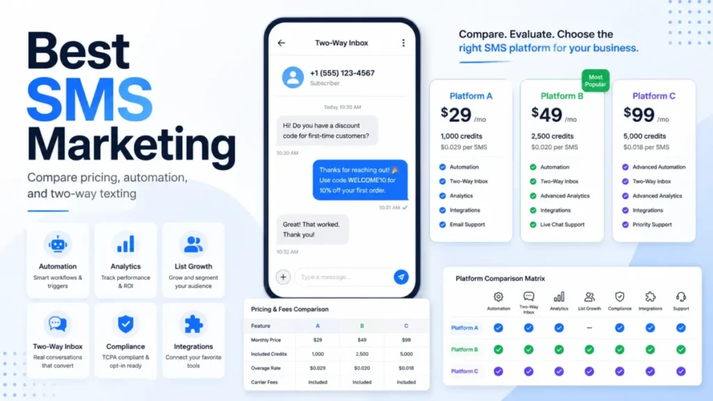 Best SMS Marketing featured image with two-way texting, automation, analytics, pricing, and platform comparison visuals.