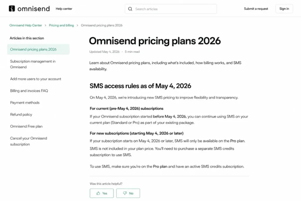 Omnisend Help Center article explaining that new subscriptions from May 4, 2026 require the Pro plan and a separate SMS credits subscription.