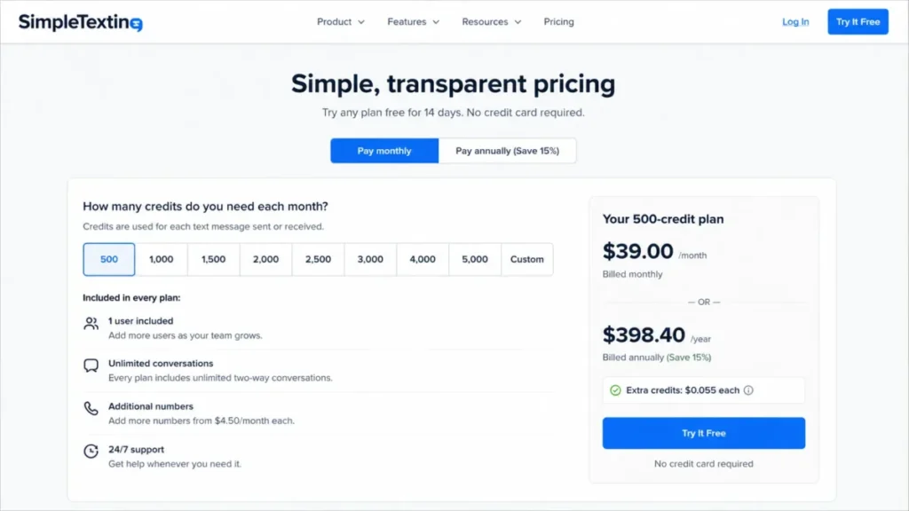 SimpleTexting pricing page showing the 500-credit plan at $39 per month and $398.40 annually.