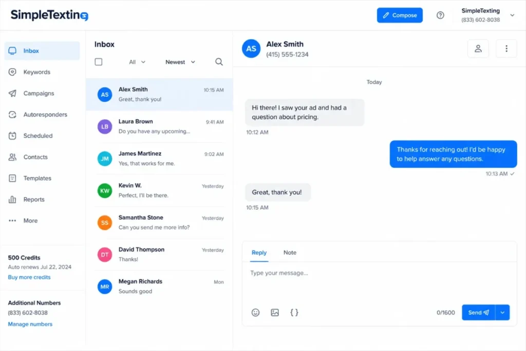 SimpleTexting two-way inbox showing a selected subscriber conversation, inbound and outbound messages, and an active reply composer.