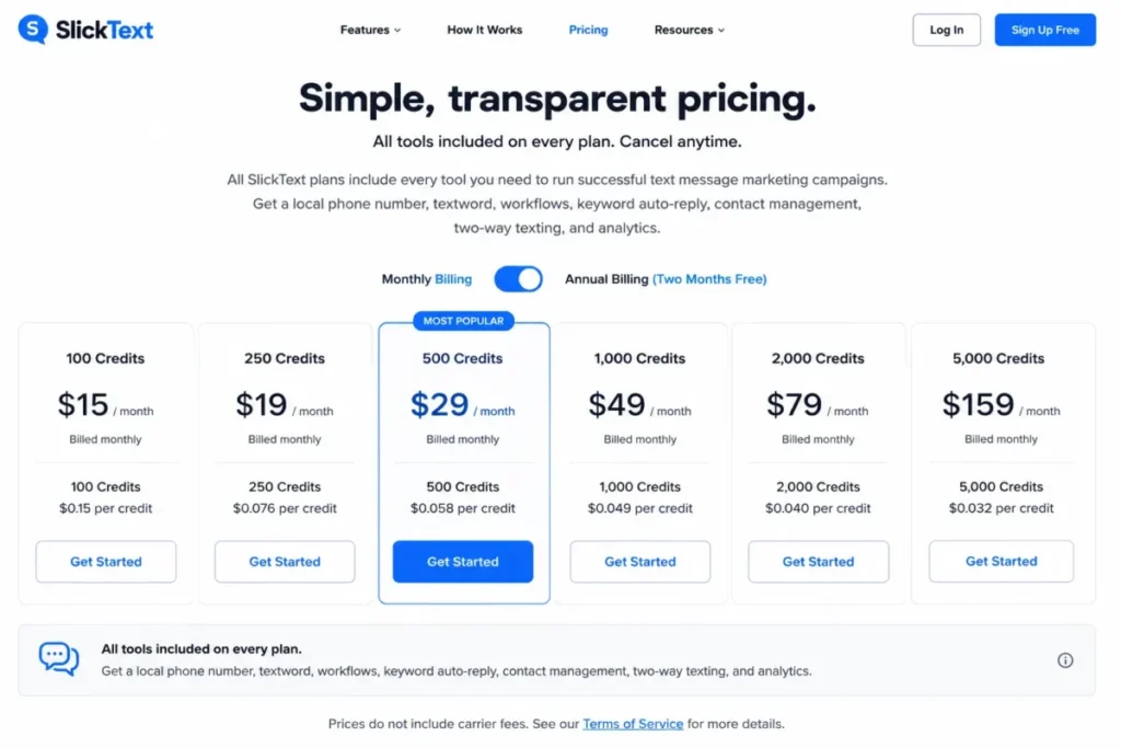 SlickText pricing page showing the 500-credit plan at $29 per month with all marketing tools included.