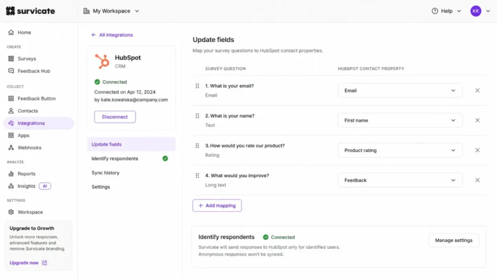Survicate HubSpot integration showing connected status, respondent identification, and survey question-to-contact property mapping