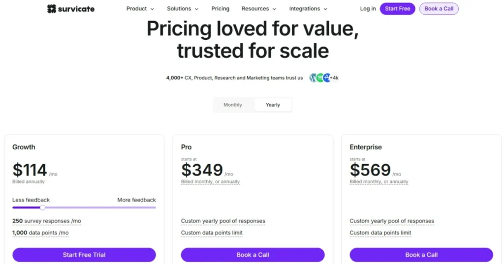 Survicate pricing page showing Growth at $114 per month, Pro from $349, and Enterprise from $569 with yearly billing selected