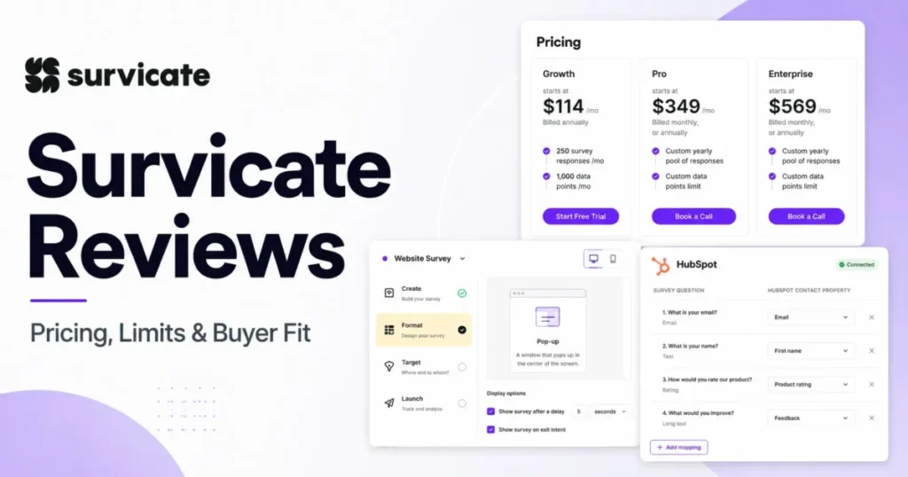 Survicate Reviews featured image with pricing plans, survey builder, and HubSpot integration