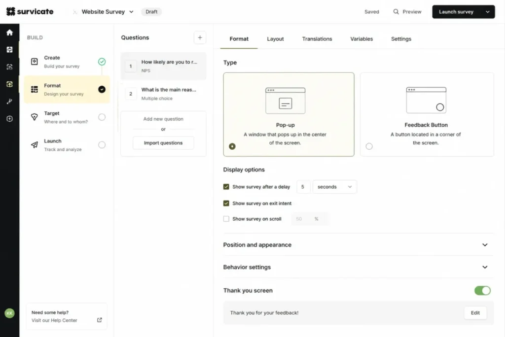 Survicate website survey editor showing the Format tab with Pop-up and Feedback Button display options