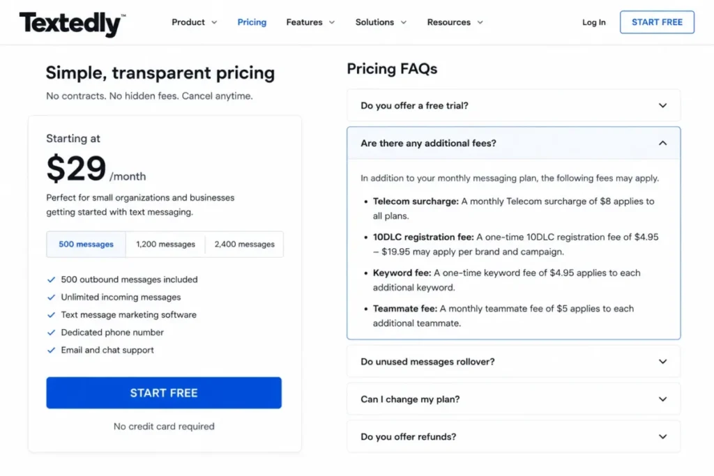 Textedly pricing page showing the $29 monthly plan, 500 included messages, an $8 Telecom surcharge, and additional 10DLC fees.