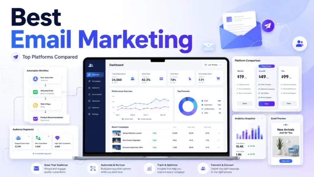 Best Email Marketing featured image with email automation, audience segmentation, campaign analytics, and platform comparison visuals