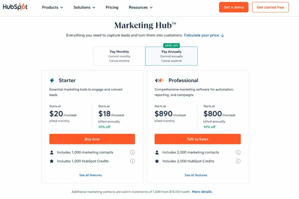 HubSpot Marketing Hub pricing page mockup showing Starter and Professional plans with monthly and annual pricing, marketing contacts, and HubSpot Credits