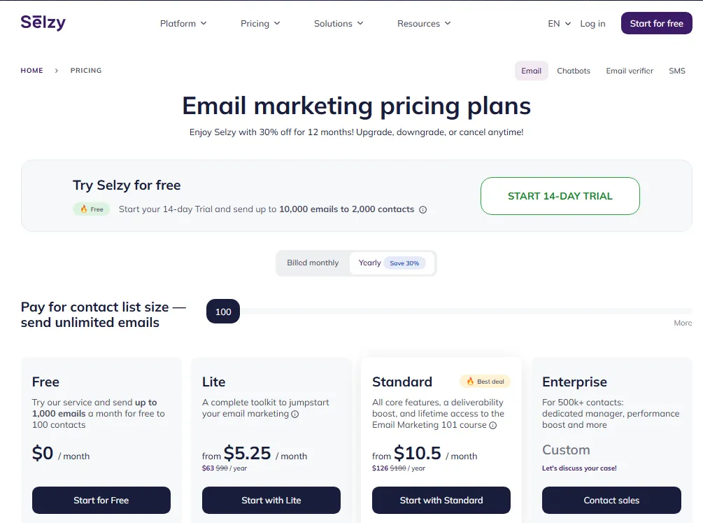 Selzy email marketing pricing plans for 100 contacts with Lite and Standard yearly pricing