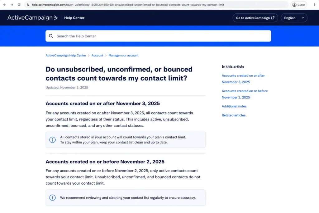 ActiveCampaign Help Center contact-count policy showing that all contacts count toward the limit for accounts created on or after November 3, 2025.