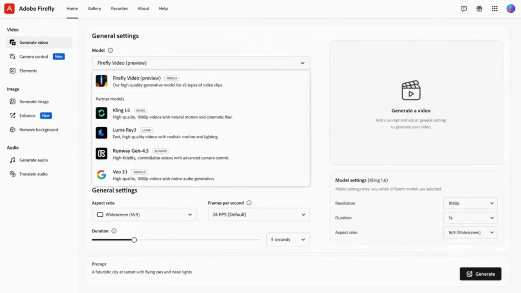 Adobe Firefly video generator showing partner models from Kling, Luma, Runway, and Google Veo with resolution and duration settings