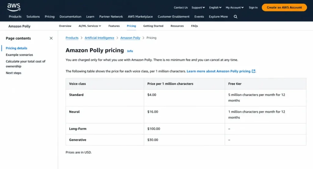 Amazon Polly pricing table showing Standard, Neural, Long-Form, and Generative voice rates per million characters