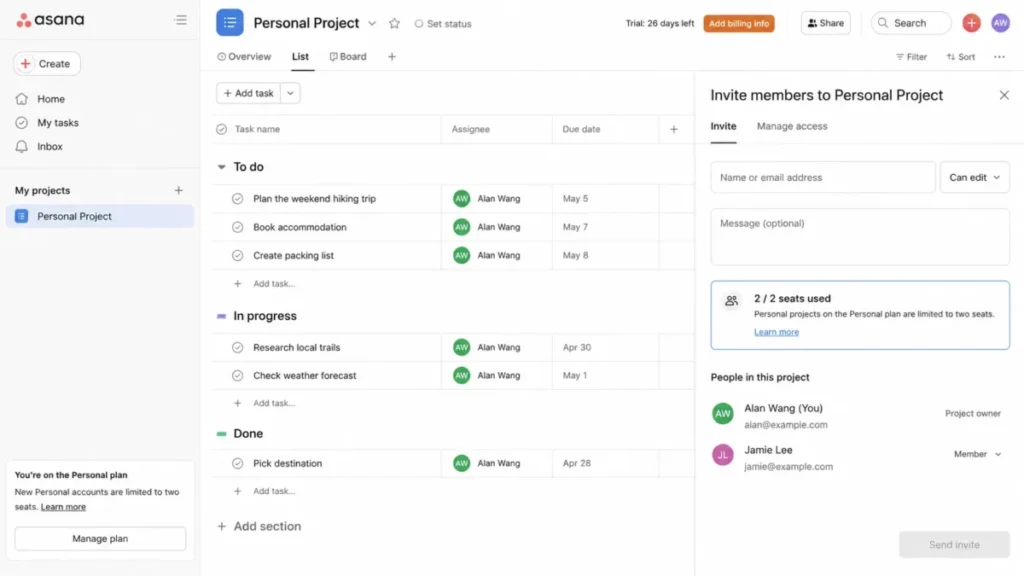 Asana Personal project in List view showing the invite panel with all 2 of 2 seats used.