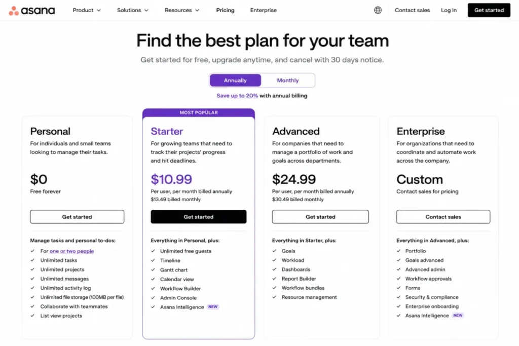 Asana pricing page mockup comparing the free Personal plan for one or two people with the Starter plan.