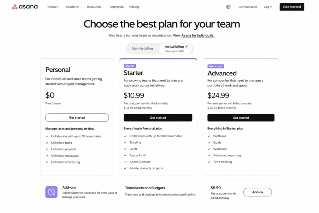 Asana pricing page showing Personal, Starter at $10.99, Advanced at $24.99, and the Timesheets and Budgets add-on at $5.99 per user